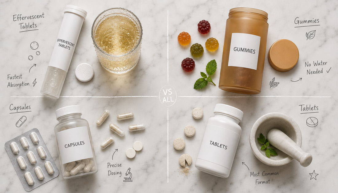 Modern Supplement Formats Guide: Tablets vs Capsules vs Gummies vs Effervescent